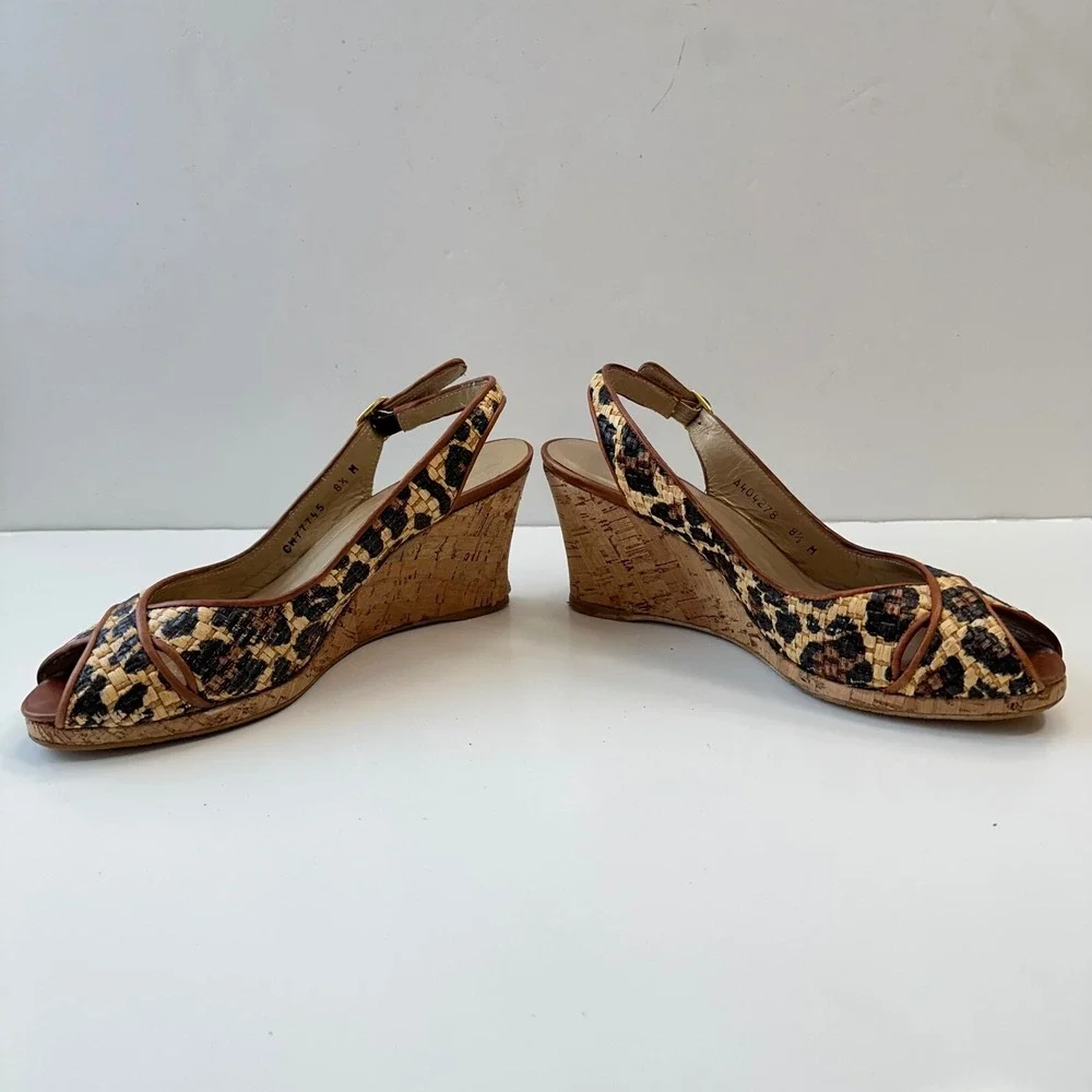 Stuart Weitzman Espadrille Wedge Sandals Leopard‎ Print Peep Toe Womens 8.5